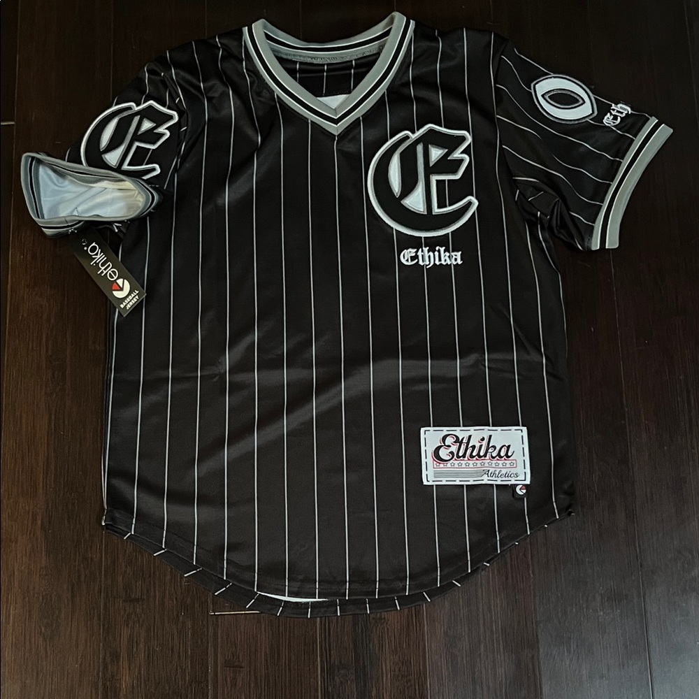 ethika Black Pinstripe V-Neck Kids Baseball Jersey with Gray Trim